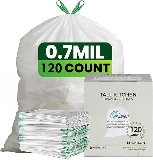 Large Trash Bag 13 Gallon Tall Drawstring 100% Post-Consumer Recycled Garbage Bag Waste Bag for Kitchen Office (120 Count, 0.7 Mil)