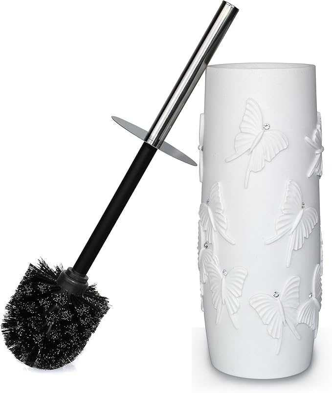 White Butterfly with Rhinestone Design Resin Toilet Holder and Brush Set, Elegant Bathroom Cleaning Tool with Durable Bristles, Compact and Stylish
