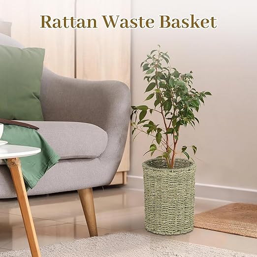 Boho Wicker Trash Can with Lid,Waterproof Bathroom Trash Can Hand Woven Wicker Waste Baskets for Kitchen Office Bedroom