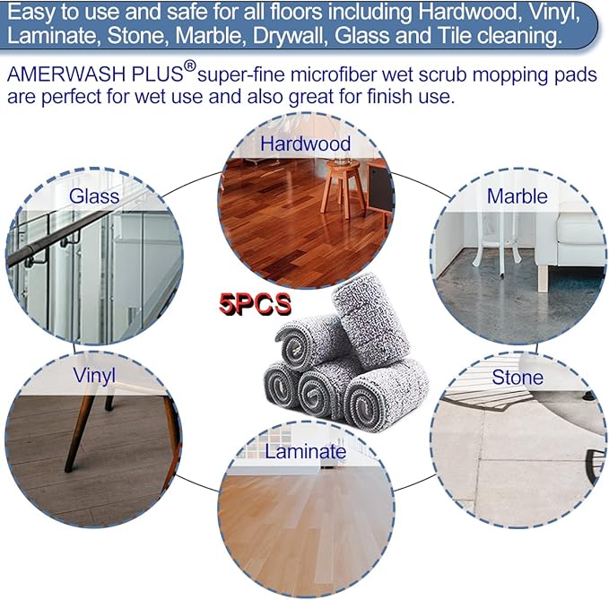 Microfiber Mop Replacement Pads 18 Inch Compatible with Bona Floor Care System, 5 Pack Reusable Wet Dry Floor Cleaning and Scurbbing Mop Refill Fits 16” to 18” Flat Reveal Mop Heads