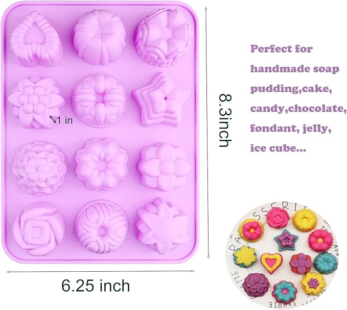4 Pcs Flower Silicone Soap Molds-12 Cavities for Soap Making, Bath Bombs, Shower Steamers, Lotion Bars, Chocolate, Candy