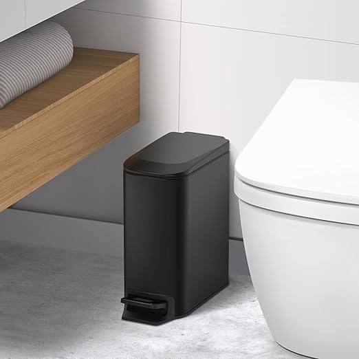 TIPGO Slim Bathroom Trash Can with Lid Soft Close, Step Pedal, 6 Liter / 1.6 Gallon Stainless Steel Trash Bin, Small Garbage Cans for Bedroom, Office, Kitchen (Matte Black)
