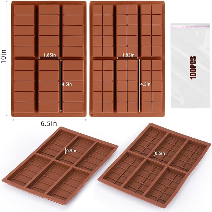 Palksky Chocolate Bar Mold Deep, 4PCS Silicone Chocolate Molds Thick for Dubai Chocolate Bar Pistachio, Non-Stick Thick Chocolate Bar Molds, Chocolate Making Supplies with 100PCS Bags