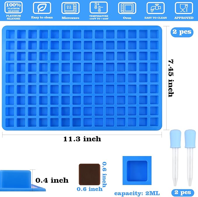 Sakolla 2 Pack Square Silicone Candy Molds, Nonstick 126 Cavity Mini Silicone Molds for Chocolate, Hard Candy, Gummy, Ice Cubes, Ganache (Blue)