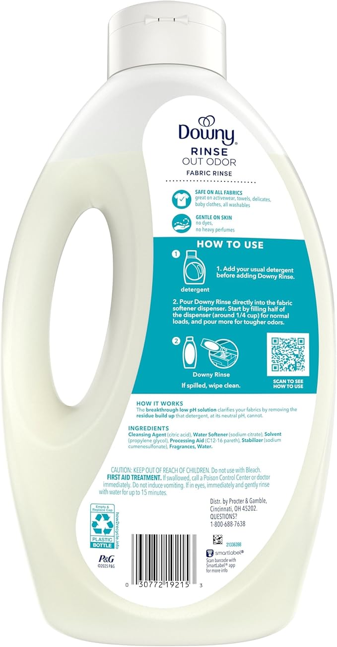 Downy Rinse Laundry Odor Remover, Cool Cotton Scent, 62 fl oz, Fabric Softener and Laundry Odor Removal Rinse, Fights Odors at the source, HE Compatible