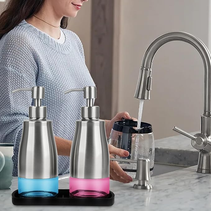 Gaussra Kitchen Soap Dispenser Set with Silicone Tray and Stickers - Brushed Nickel, Stainless Steel Glass Soap Dispenser Bathroom, Refillable Hand Dish Soap Dispenser for Kitchen Sink