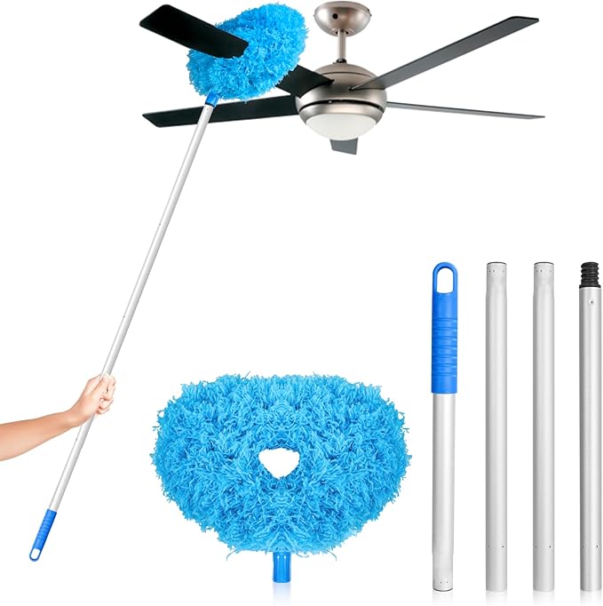 Ceiling Fan Cleaner Duster High Ceiling Extended Fan Blade Cleaner from 13 to 50 Inch Reusable Microfiber Ceiling Fan Duster with Extension Handle for Furniture Bookshelves Wall Door (Blue)