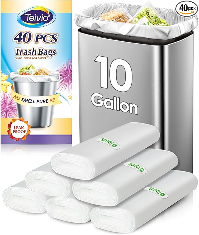 10 Gallon 40 Counts Strong Trash Bags Garbage Bags by Teivio, Bathroom Trash Can Bin Liners, Plastic Bags for home office kitchen, Clear