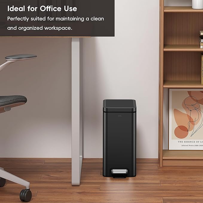 EKO Small Bathroom Trash Can with Lid Soft Close, Step Pedal, 10 Liter / 2.6 Gallon Stainless Steel Garbage Can with Removable Inner Bucket, Anti-Fingerprint Finish (Matte Black)