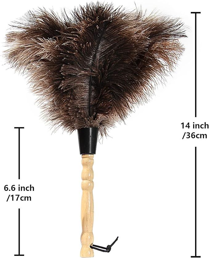 Ostrich Feather Duster 14 inch Fluffy Natural Genuine Ostrich Feathers with Wooden Handle and Eco-Friendly Reusable Handheld Ostrich Feather Duster for Cleaning Supplies(5PCS)