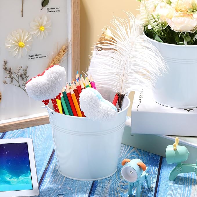 Rtteri 24 Pcs Small Metal Buckets with Handle Mini Buckets Bulk for Easter Party Favors Classroom Pencil Holder Flower Pot Plant Basket for Crafts DIY Projects, 6 x 5 Inch(White)