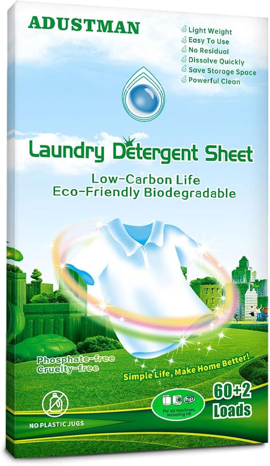 Laundry Detergent Sheets (Strips) Liquidless 62 Loads Fresh Eco Friendly Hypoallergenic Kind For Sensitive Skin,Plastic Free Low Sudsing Washing Supplies For Mothers Gifts