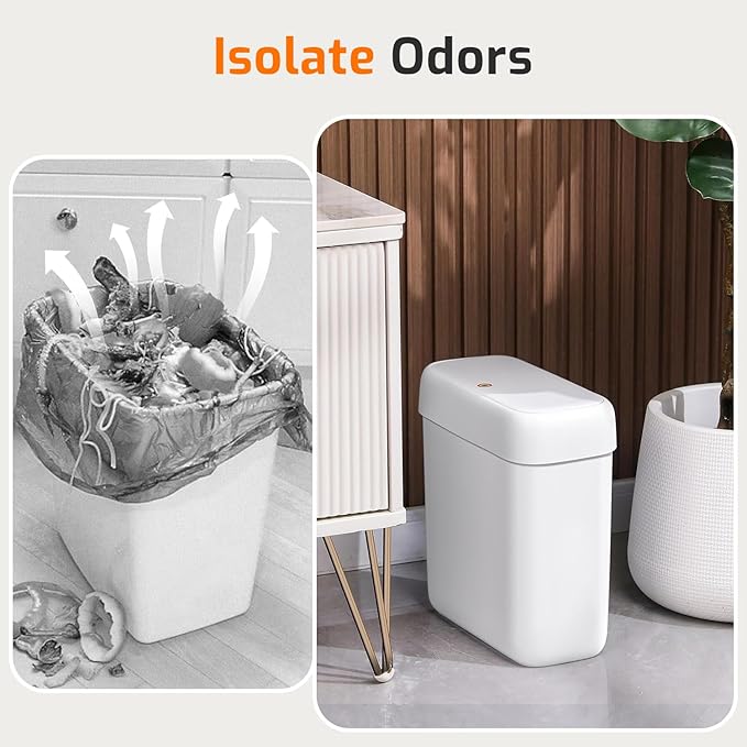 MOPALL Small Bathroom Trash Can with Lid, 2.6 Gallons / 10 L Slim Plastic Garbage Bin with Pop-Up Lid, Mini Waste Basket Can Dog Proof for Kitchen, Bedroom, Office, Laundry, Toilet, Rv, White