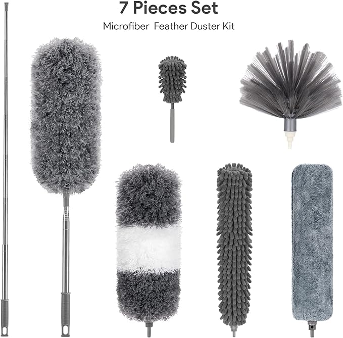 DELUX Microfiber Feather Duster,7 PCS Reusable Bendable Washable Cobweb Duster with 100 inches Extra Long Extension Pole for Cleaning Ceiling Fan, High Ceiling, Blinds, Furniture & Cars