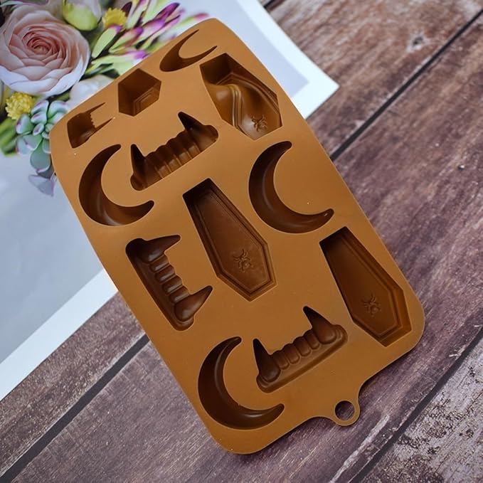 mostsom Halloween Chocolate Candy Silicone Mold Vampire Teeth RIP Gravestone Moon Shape Gummy Fondant Baking Mold for DIY Cupcake Topper Decorating (D_ 8.92x4.04x0.56 inch)
