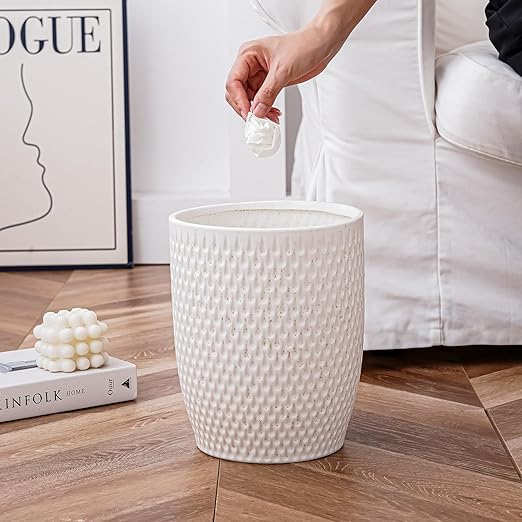 White Ceramic Trash Can - Small Trash Can Wastebasket for Bathroom, Kitchen, Office & Home Decor - Ceramic Round Garbage Container Basket Bin (2.5 Gallon)