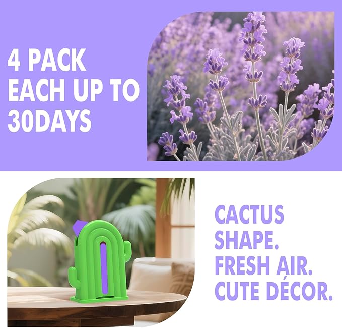 Air Freshener for Home, 2 Pack, 2 Refill, Lavender Scent, Odor Eliminator, Up to 120 Days, Cactus-shaped Freshener for Closet Bathroom, Cute Home Decor, White and Green