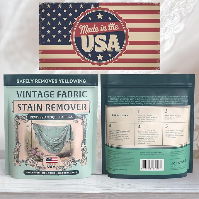 Vintage Fabric Stain Remover - Safely Cleans Retro & Antique Textiles - Made in the USA - Gently Removes Yellowing & Tough Stains From Vintage Linens, Quilts, Dresses, Doilies 16 Ounce (Pack of 1)