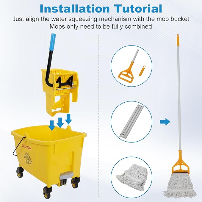 35 Qt Commercial Mop Bucket with Side Press Wringer on Wheels,Mop and Bucket Set, Add One Industrial Mop and One Mop Head Replacement