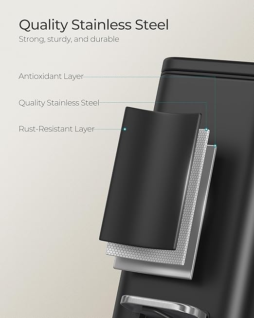 SONGMICS Bathroom Trash Can, 2.6 Gallon (10 L) Small Trash Bin with Lid, Slim for Small Spaces, Stainless Steel Garbage Can, Soft Close, Black ULTB561B10