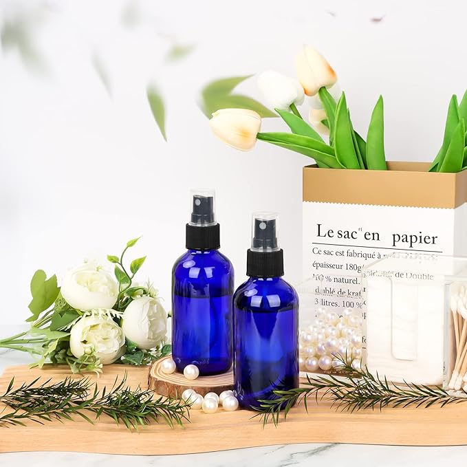 CycleMore 120ml 16 Pack 4oz Blue Glass Spray Bottles with Fine Mist Sprayers, Glass Travel Bottles for Cosmetic, Essential Oils, Cleaning Solutions, Perfumes & More Liquids Ideal for Friends