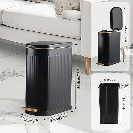 Slim Bathroom Trash Can with Lid Stainless Steel Garbage Can Soft Close Step Trash Bin with Removable Inner Bucket for Bedroom, Office, Kitchen (Matt Black, 3.5 Gallons)