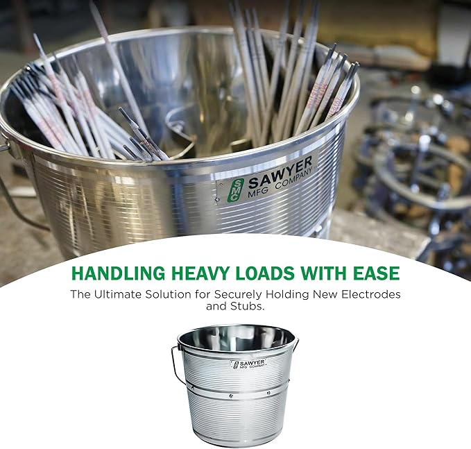 Sawyer’s Stainless Steel Welding Rod Bucket - 4.5 Gal Metal Pail with Partitioned Storage for Electrodes & Stubs, Holds 500+ lbs, Portable Handle, Durable Design for Tools & Storage