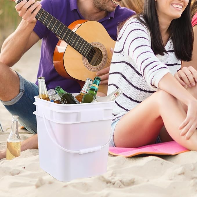 4 Pcs 3 Gallon Plastic Square Bucket Pail Container with Lid, White Bucket Food Grade Square Bucket with Plastic Handle