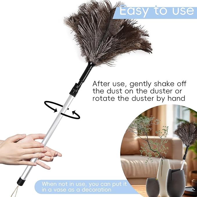 THARAHT Extendable Ostrich Feather Duster up to 25-49 inches Fluffy Feathers Long Handle Reusable for Cleaning Ceiling Fan Pendant lamp High Ceiling Blinds Furniture Feather Duster