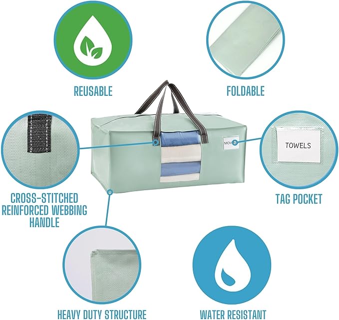 VENO 6 Pack Moving Bags for College, Heavy-Duty Storage Totes, Moving Boxes and Wardrobe Packing Supplies Alternative - Extra Large Durable Laundry Bags for Clothes (Shiny Light Green, 6 Pack)