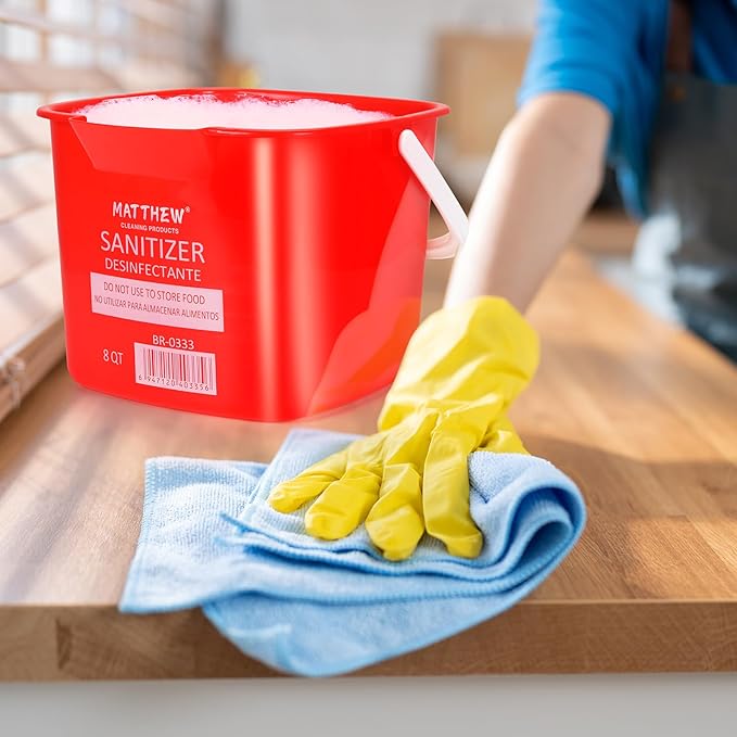Matthew Detergent&Sanitizing Cleaning Bucket 8 Quart Plastic Pail,Set of 12 Square Containers,Built-in Spout w/Handle,Wash Rinse Sanitize Handwash Bucket for Home Office Commercial Restaurant (Red)