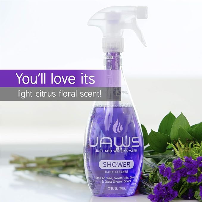 JAWS Cleaner Shower Cleaner Bottle with 2 Refill Pods. Refillable Cleaning Supplies.