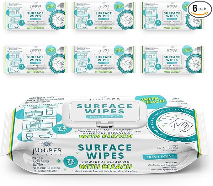 6 Pack Surface Cleaning Wipes with Bleach, All-Purpose Cleaner for Bathroom, Kitchen, Office, 72 Count Soft Flow, Fresh Scent, Lint Free & Durable