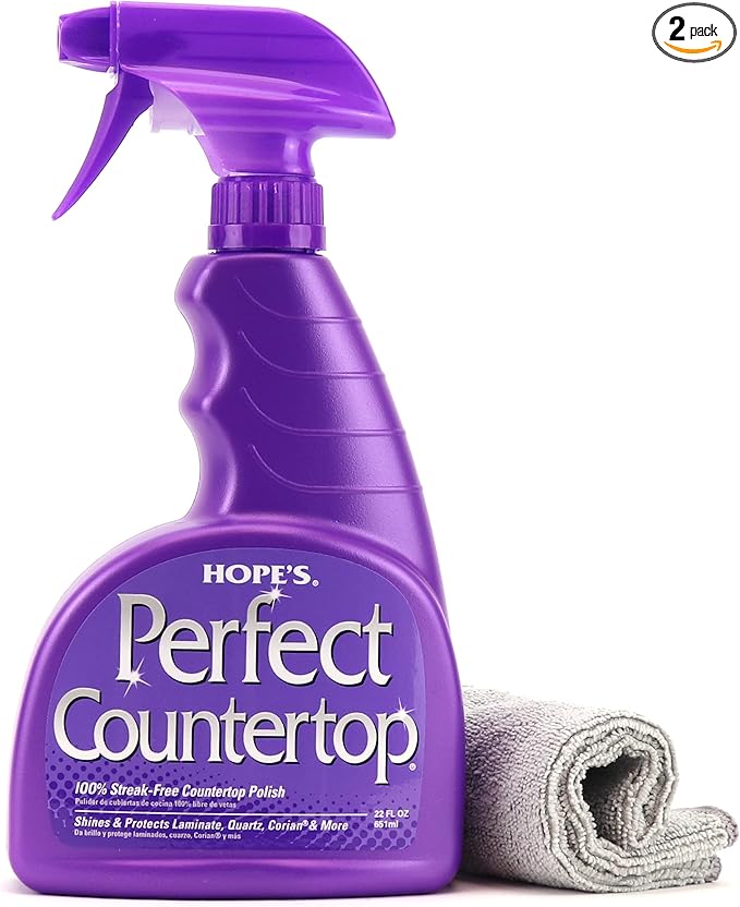HOPE'S Perfect Countertop Cleaner and Polish - Streak-Free Multi Surface Cleaning Spray - Kitchen Spray for Granite, Quartz, Marble, Stone, Laminate, CORIAN, 22 Fl Oz, Pack of 1 with Microfiber Cloth