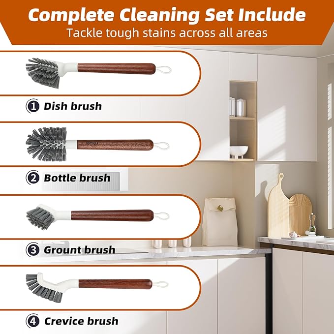 4-Pack Heavy Duty Scrub Brushes with 11" Sapele Wood Handle – PBT Bristles & TPR Loop – Kitchen, Bathroom, Grout, Dish & Tile Cleaner – Durable Non-Slip Multi-Surface Cleaning Brush Set