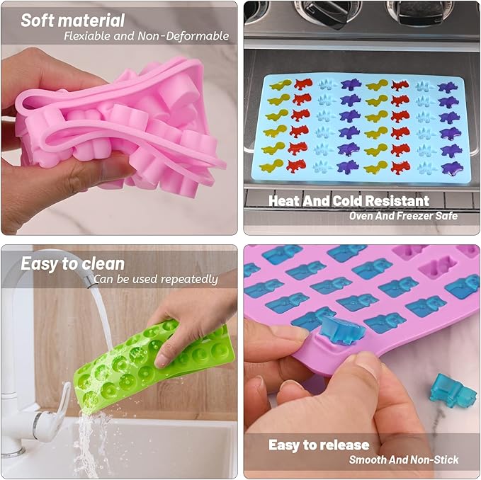 Sakolla Gummy Candy Molds Silicone with 2 Droppers Pack of 4 Mini Silicone Molds Including Dinosaur, Bear Shape, Hearts and Donut Gummie Chocolate Molds for Kids