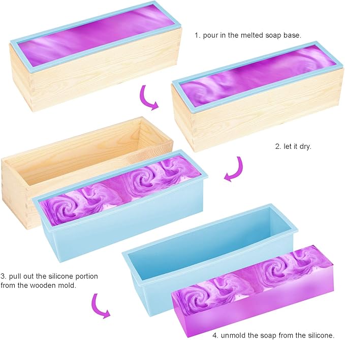 ZOENHOU 4 PCS 42oz Blue Soap Molds with 4 Wooden Lids, Flexible Rectangular Silicone Soap Making Molds Kit with Wood Box DIY Tool Set for Soap Making Supplies