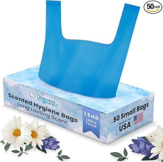 Heaven Scent Hygiene Bags 1.5MIL ULTRA-THICK Discreet Waste Disposal | MADE IN THE USA | Mild Baby Powder Scented Trash Bags for Adult Briefs & Feminine Products - Small, 50 Bags