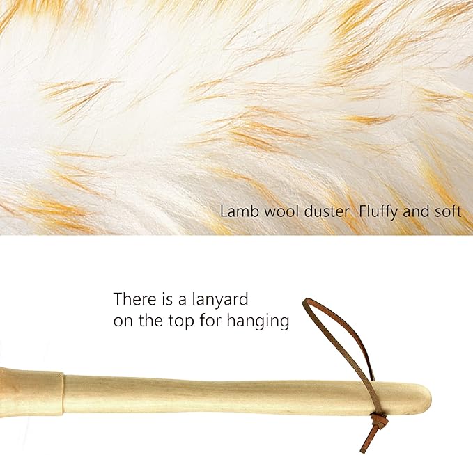 Lambs Wool Duster for Cleaning Window Blinds Computer Furniture TV Computer Screens Bookshelves Solid Wooden Handle Natural Feather Duster,16'', Yellow&White