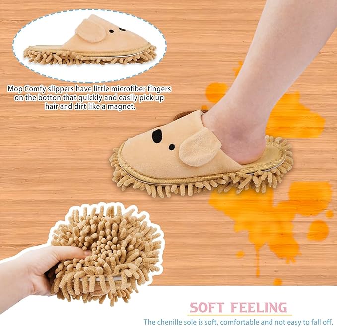 Cartoon Dog Mop Slippers Microfiber Clean Dusting Slippers Detachable Mopping Shoes for Office Home Room (Khaki)