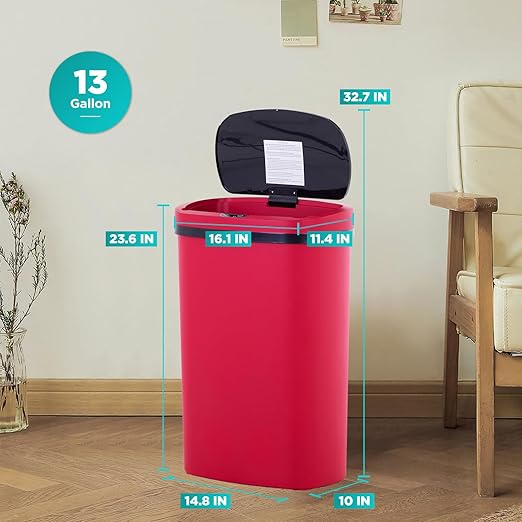 BestOffice | 13 Gallon Plastic Trash Can with Lid | Red | Automatic Touchless Garbage Can | Odor Control | Modern Oval Design | Easy to Clean | Fits Any Kitchen, Bathroom, Office or Home
