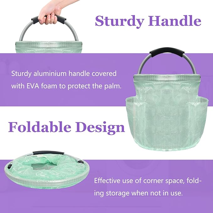 17L Cleaning Caddy for Cleaning Supplies, Foldable Tool Bucket Organizer with 6 Side Pockets, Portable Garden Tool Bag in PVC Resin, Folding Storage Basket for Camping, Gardening, Green