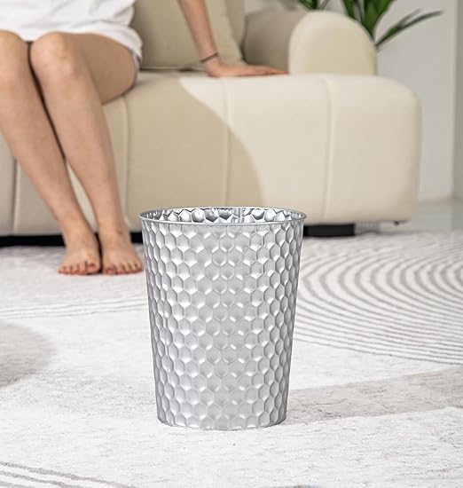 Small Metal Trash Can Wastebasket, Decorative Honeycomb Garbage Can Waste Basket, Modern Farmhouse Round Trash Bin for Bathroom, Bedroom, Kitchen and Office (Silver)