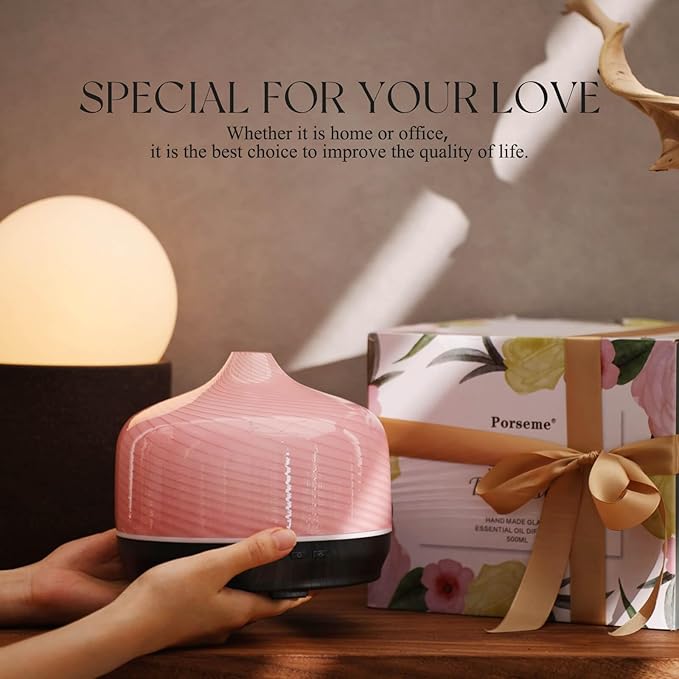 Porseme 500ml Glass Essential Oil Diffuser Aromatherapy Ultrasonic Cool Mist Humidifier 15-21 Running Hours Waterless Auto-Off Air Diffusers for Sleeping Yoga Office Working Spa and Rest (Pure Pink)