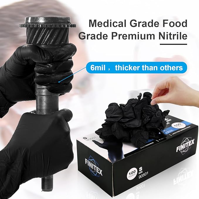 FINITEX Black Nitrile Disposable Medical Exam Gloves - 100/1000 PCS 6.3mil Gloves Powder-Free Latex-Free Food Gloves