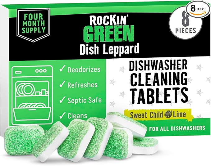 Rockin' Green Deep Cleaning and Deodorizing Tablets for Dishwashers, Washing Machines, and Garbage Disposals, Removes Odor and Residue (Dishwasher Cleaning Tablets, 8 Pack)