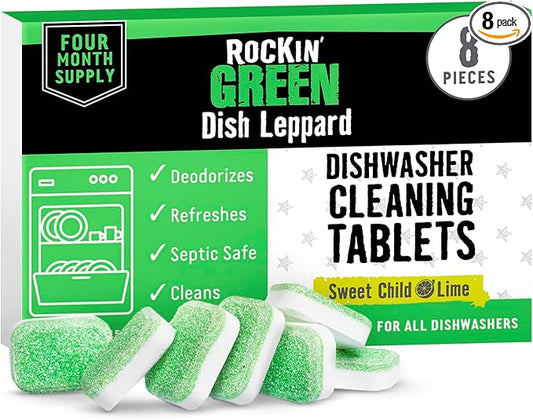 Rockin' Green Deep Cleaning and Deodorizing Tablets for Dishwashers, Washing Machines, and Garbage Disposals, Removes Odor and Residue (Dishwasher Cleaning Tablets, 8 Pack)