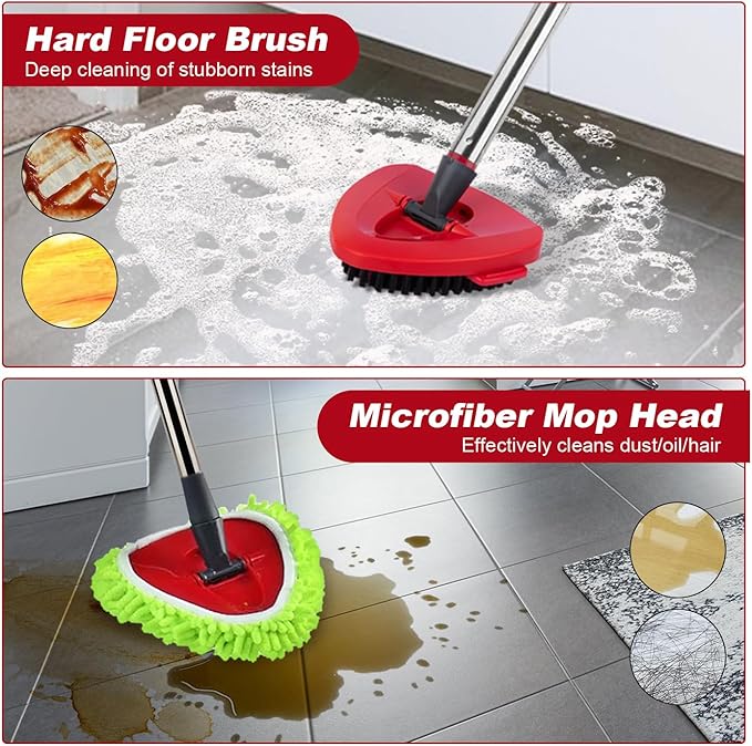 Spin Mop Head Refill for Vileda/Ocedar EasyWring Spin Mop - Rotating Triangle Replacement Pads Washable & Reusable fit All Floor - 4 Microfiber Chenille Cloth 1 Mop Base 1 Handle and 1 Brush