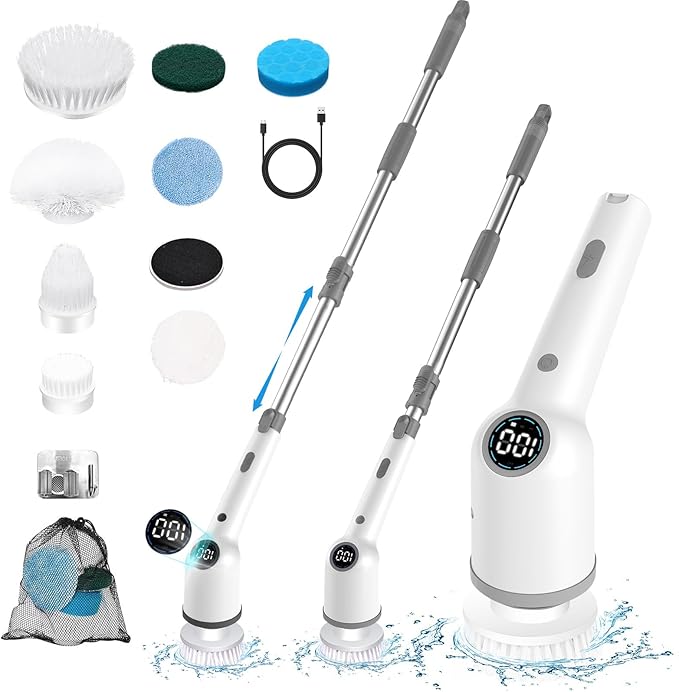 Electric Cleaning Brush, Cordless Electric Spin Scrubber with Long Handle, 3 Brushes, 5 Cleaning Pads, Portable Charging Base