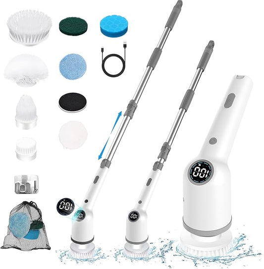 Electric Cleaning Brush, Cordless Electric Spin Scrubber with Long Handle, 3 Brushes, 5 Cleaning Pads, Portable Charging Base
